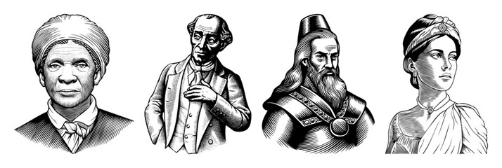 Vector Engraved portraits of historical figures in a vintage style.