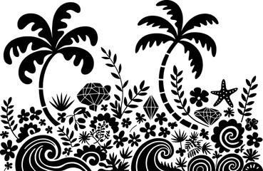 Black and White Tropical Floral Pattern with Diamonds and Starfish