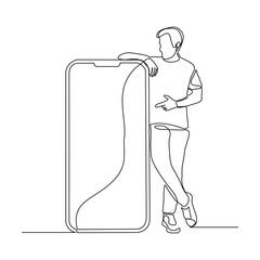 Continuous line drawing of business man holding smartphone. Editable stroke sketch line concept of finger click phone. Vector illustration
