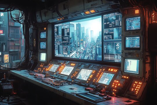 Futuristic control room interface with cityscape view and glowing screens displaying information