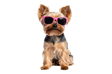 Cute Yorkshire Terrier Dog Wearing Pink Sunglasses. Transparent PNG. Yorkie. Small Breed.