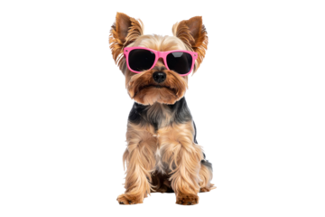 Cute Yorkshire Terrier Dog Wearing Pink Sunglasses. Transparent PNG. Yorkie. Small Breed.