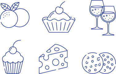Blue Line Drawings of Food and Drink Items line art