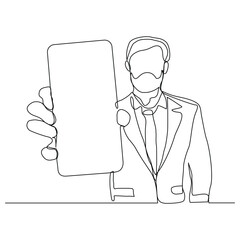 Continuous line drawing of business man holding smartphone. Editable stroke sketch line concept of finger click phone. Vector illustration