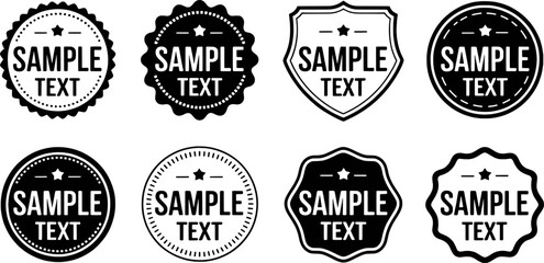 Eight Black and White Sample Text Badges label labels