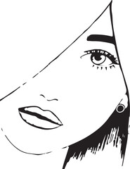 Black and white vector illustration of a woman's face, highlighting her eyes and lips with artistic design