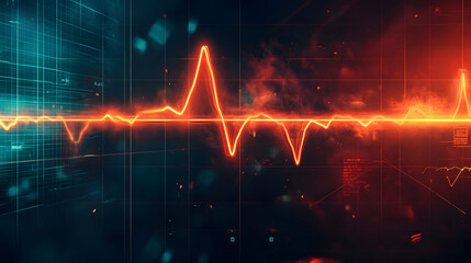 Digital illustration of heartbeat monitor line with glowing red pulse against dark, futuristic background