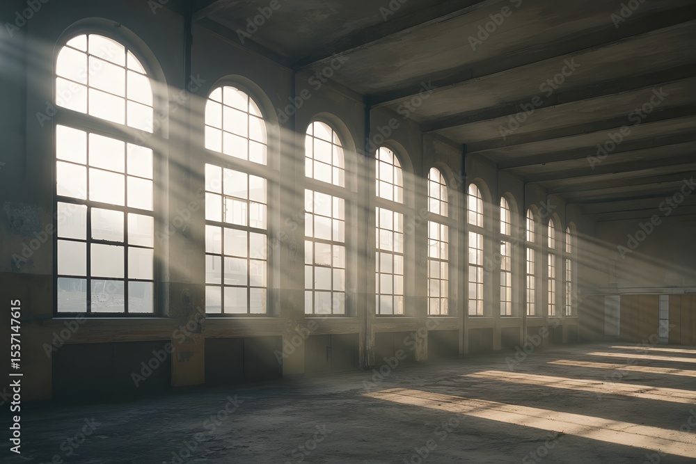 Poster sunlight streaming through arched windows in an empty industrial space