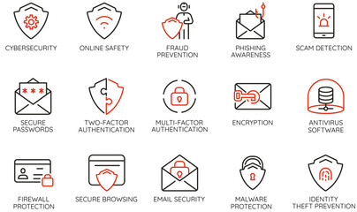 Vector Set of Linear Icons Related to Cybersecurity for UI and UX design, web applications, software security services, and infographics - part 1