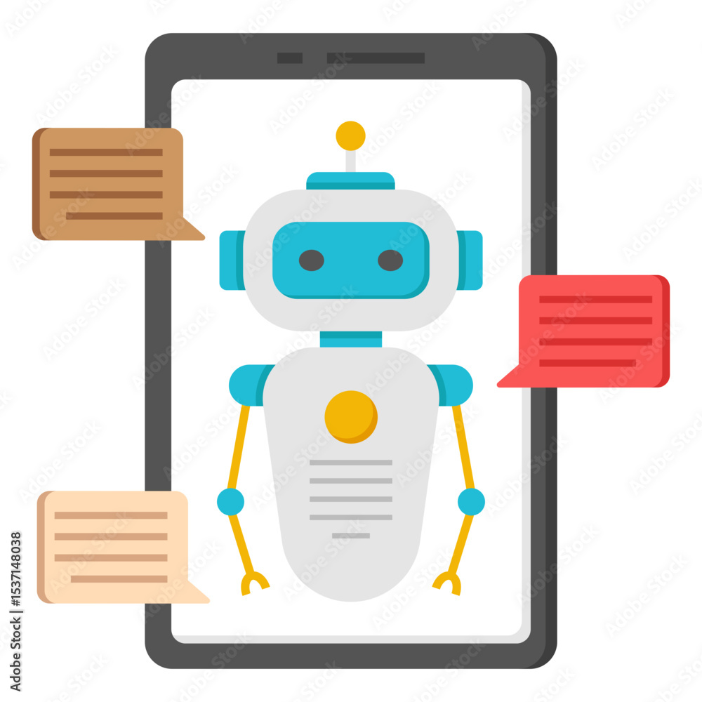 Poster friendly robot chatbot ai assistant on smartphone screen communicating messages