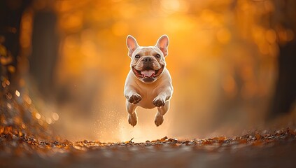 Joyful Frenchie leaps in autumnal forest