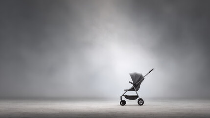 abandoned stroller enveloped in smoke casting dark shadow on smooth surface creating atmosphere of mystery and