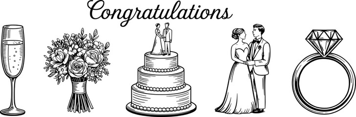 Wedding Congratulations Illustration Black and White Bouquet Cake Ring Champagne