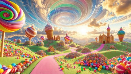 A landscape filled with fantastical confectionery architecture and sweets under a swirling pastel sky