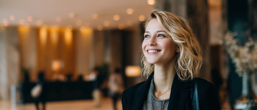 young, ambitious blond receptionist / businesswoman / hotel manager looking up with a smile; luxury spa / conference center interior