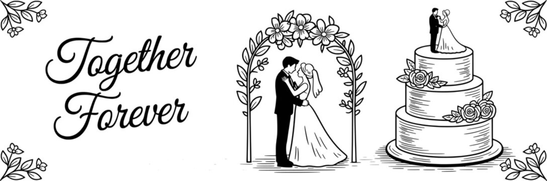 Wedding Cake Illustration Black and White Couple Floral Arch Together Forever - Powered by Adobe