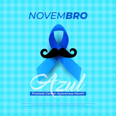 Novembro Azul Campaign Banner with Ribbon on Blue Background. Template for card, poster template