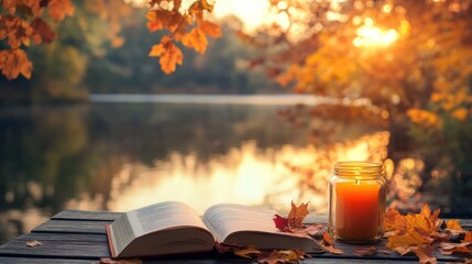 Open book and candle on a wooden table, autumn setting by a lake