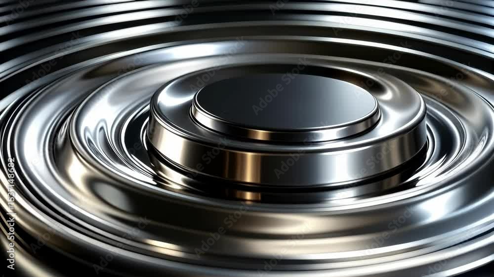 Poster Abstract metallic concentric ripples pattern in silver with reflections creating a modern and industrial design, shiny chrome surface background.