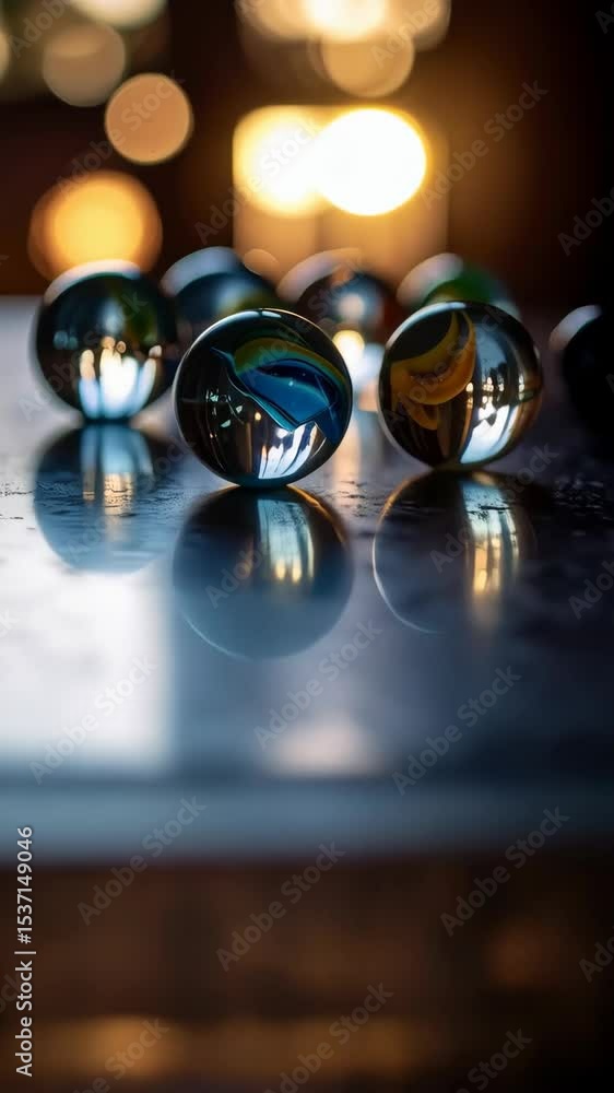 Aufkleber glass marbles scattered on a dark surface reflecting blurred light creating a soft abstract backgrou