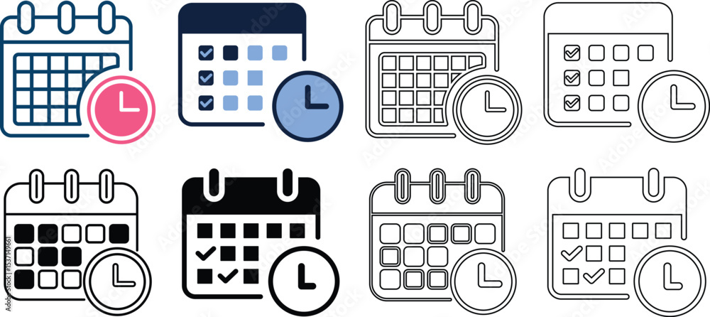 Poster a collection of calendar and clock icons representing schedule planning and time management