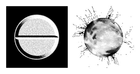 Vector Abstract spheres with halftone dots and fragmented effects.