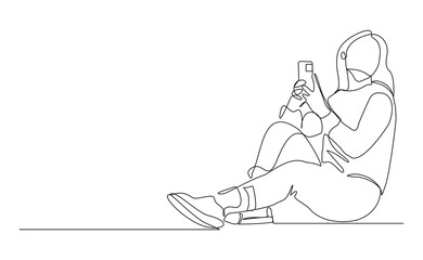 Continuous line drawing of business woman holding smartphone. Editable stroke sketch line concept of finger click phone. Vector illustration