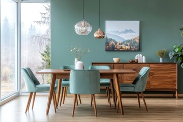 Modern dining room with sage green walls, wooden furniture, and pendant lights.  Large window view of fall foliage