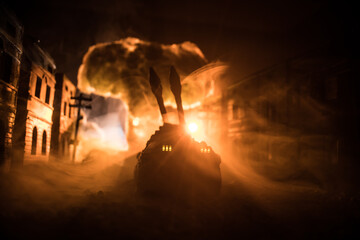 Rocket launch with fire clouds. Battle scene with rocket Missiles with Warhead Aimed at Gloomy Sky at night. Soldiers and Rockets War Backgound.