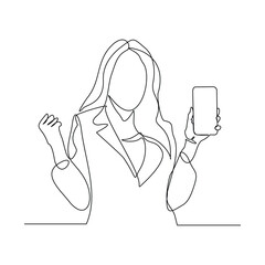 Continuous line drawing of business woman holding smartphone. Editable stroke sketch line concept of finger click phone. Vector illustration