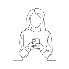 Continuous line drawing of business woman holding smartphone. Editable stroke sketch line concept of finger click phone. Vector illustration