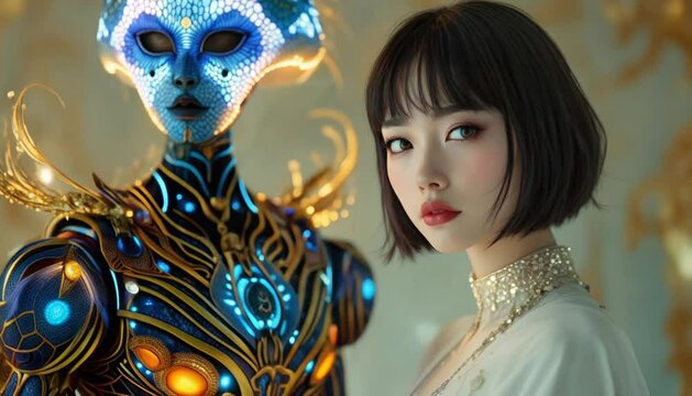ファンタジーストーリー（時の流れが淀む淵に、未来と過去の幻影をまとう、ミステリアスな仮面の女性）