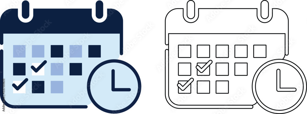 Poster calendar and clock icons illustrating time management scheduling and appointment planning