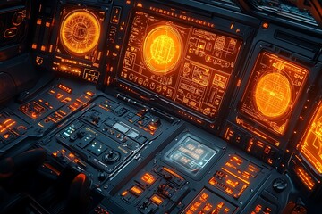 Futuristic cockpit interior illuminated with orange lights displays for space travel control