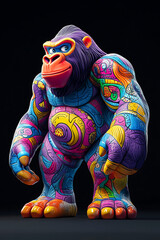 Fototapeta premium Colorful, stylized gorilla sculpture with intricate patterns, set against a dark background