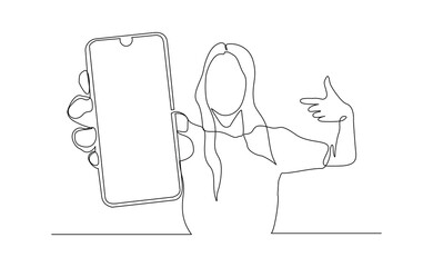 Continuous line drawing of business woman holding smartphone. Editable stroke sketch line concept of finger click phone. Vector illustration