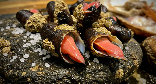 Portuguese barnacles. percebes (gooseneck barnacles) with textured black skin and pink meat exposed, sea salt crystals