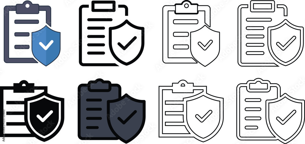 Poster clipboard and shield icons illustrating data protection and security compliance in various styles