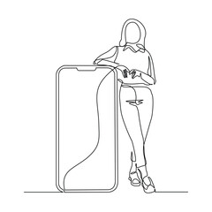 Continuous line drawing of business woman holding smartphone. Editable stroke sketch line concept of finger click phone. Vector illustration