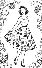 A beautiful cartoon princess bride in a flowing wedding dress with a flower design, drawn as a vector illustration