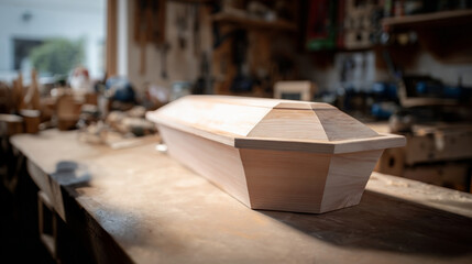 Wooden child coffin in progress in coffin maker’s workshop.