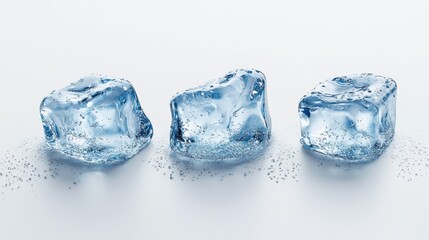 Three translucent ice cubes arranged in a row on a white surface