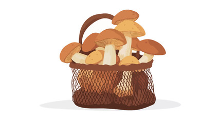 A digital illustration depicting a brown mesh basket filled with several brown and beige mushrooms. The basket has a simple, curved handle. The mushrooms are clustered together, and their caps are