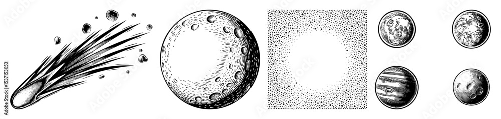 Aufkleber vector celestial bodies featuring a comet cratered planet and planetary system.