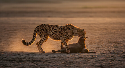Cheetah interacting with its prey in golden hour on open terrain