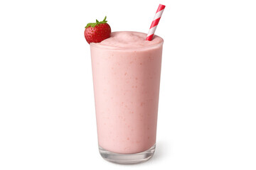 Creamy pink strawberry milkshake in tall glass, topped with fresh strawberry slice, white-red straw against clean background