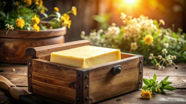 Rustic wooden box with fresh butter block sits on weathered tabletop, flowers and wooden bowl in background, organic food still life, golden light