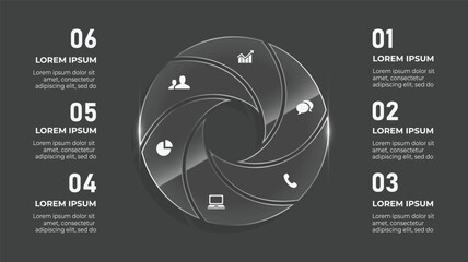 Fototapeta premium 3D Glass Circle Infographic. 6 Step Business Timeline Diagram with Icons, Charts, and Web Interface Elements