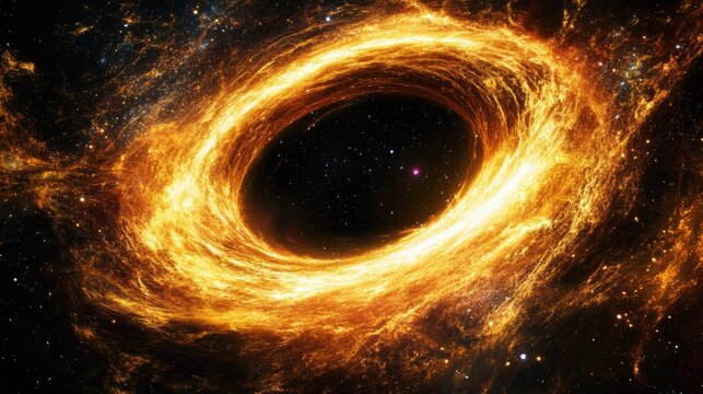 A vivid depiction of a black hole with a glowing accretion disk in outer space