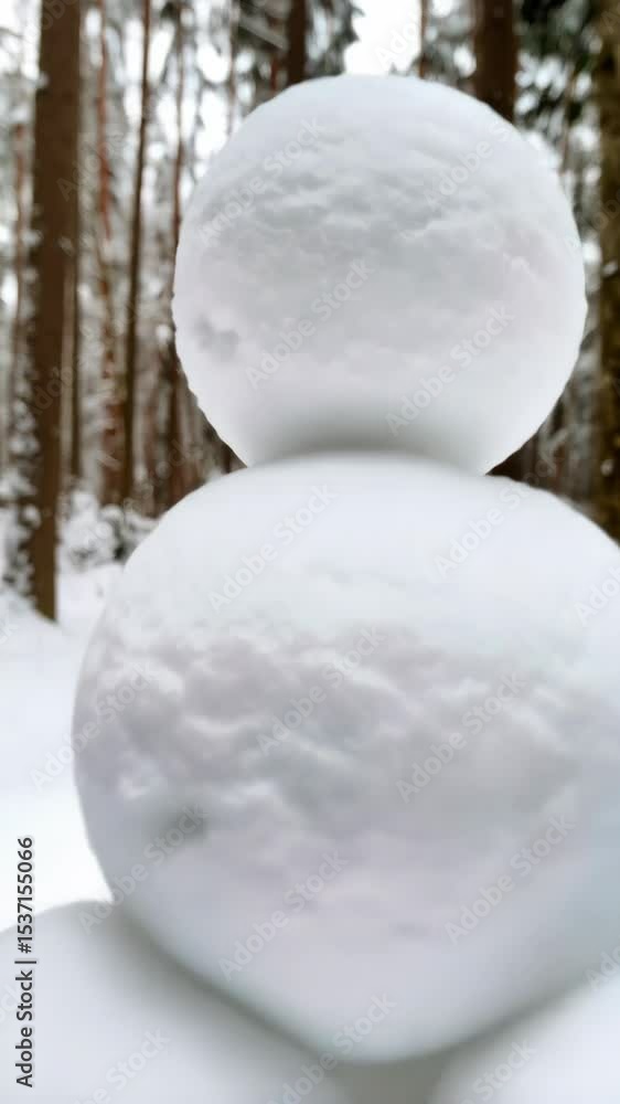 Aufkleber stacked snowballs creating a pyramid shape in a wintry forest, snowy landscape with soft light and a